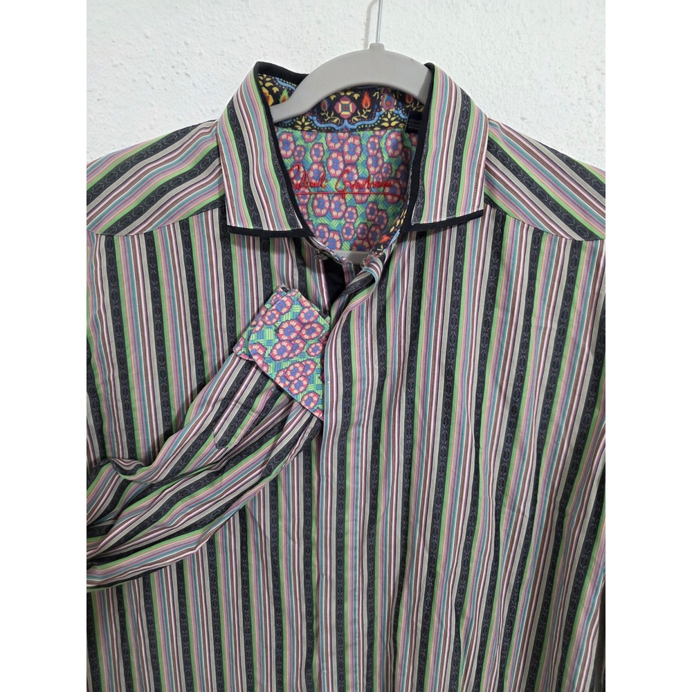 Robert Graham Mens XL Multi Color Striped Embroidered Long Sleeve Button Down